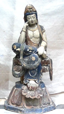 ANTIGUA ESTATUA GRANDE CHINA DE KWAN TALLADA Y PINTADA EN MADERA DEL SIGLO 18C - YIN Foto 1 de 4