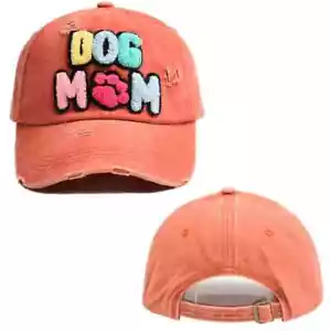Women's Dog Mom Hat Embroidered Distressed Cotton Denim Baseball Cap ORANGE D2 - Picture 1 of 3