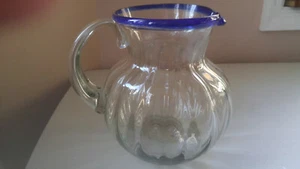 Cobalt Blue Rim Ribbed Design Glass Bola Ball 2-qt Handled Pitcher - Picture 1 of 6