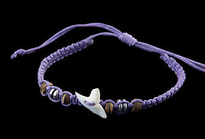 Bracelet Brazilian Tooth Of Shark Real And Wood Beads Thread Purple- BB991