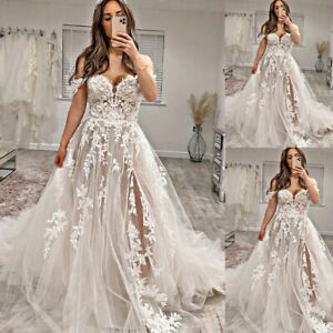 Wedding Dresses with Side Split Off the Shoulder Lace Sweep Train Bridal Gowns
