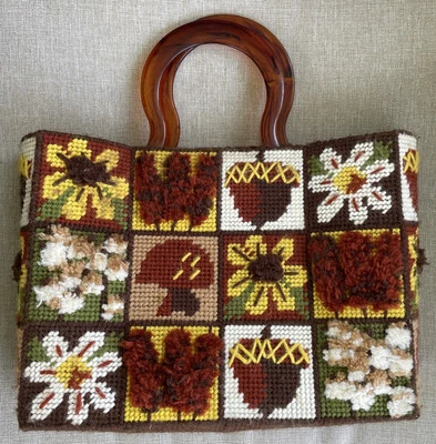Vtg 70s Purse needlepoint floral Mushroom Patchwork Lucite Handles Retro Kitsch - Image 1 of 4