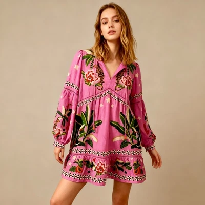 NUEVO SIN ETIQUETAS FARM RIO Vestido Corbata Borla Cuentas Estrella Floral Leopardo Bosque Estrella Mezcla de Lino S Foto 1 de 4