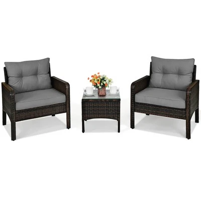 3 PCS Patio PE Wicker Furniture Set w/Cushions and Tempered Glass Coffee Table - Image 1 of 4