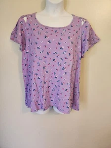 Woman Within Purple Floral Lace Shoulders Short Sleeve Casual Top Shirt L 18 20 - Picture 1 of 5
