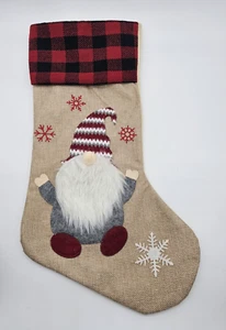 Santa Gnome Christmas Stocking Burlap Red Buffalo Plaid 3D Holiday Stocking - Picture 1 of 10