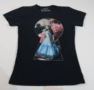 Disney Alice In Wonderland Girls Black Graphic T-Shirt Sz M Small Holes