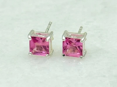 Sterling Silver Princess Cut Lab Grown Pink Sapphire Earrings - Image 1 of 2