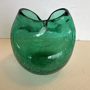 Vtg Mid Century Blenko Emerald Green Crackle Glass Pinched Round Double Vase - Picture 1 of 5