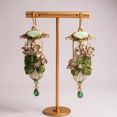 Art Nouveau Lotus Flower Museum Earrings Revival Gold VTG Court Palace Antique - Image 1 of 4