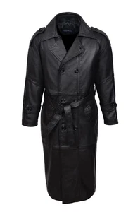 Gabardina larga de cuero negra de longitud completa 100 % pura piel de oveja para hombre - Imagen 1 de 8