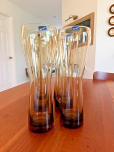 Six Björkshult Sweden Amber Tulip Pilsner Glasses MCM Barware Original Stickers - Picture 1 of 8