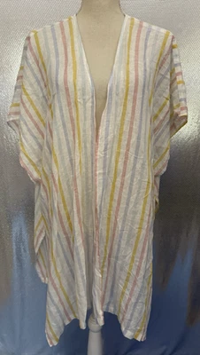 C & C California Cover Up Top Womens O/S Pastel Rainbow Stripe Open Linen NWT - Image 1 of 4