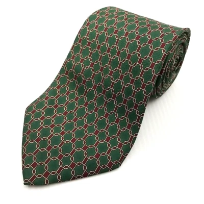 Corbata de seda Lands' End Luxury Tie verde rojo patrón geométrico entrelazado Foto 1 de 4