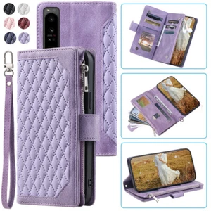 Rhombic Wallet Case,Luxury Leather Zipper Flip Card Case For Sony Xperia 1 IV - Picture 1 of 44
