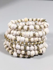 Gold Tone White Wood Bead Rhinestone Memory Wire Wrap Bracelet 6.5 inches - Picture 1 of 6