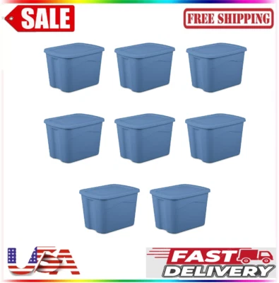 Paquete de 8 contenedores de almacenamiento grandes Sterilite, 18 galones, con tapa a presión, azul claro Foto 1 de 4