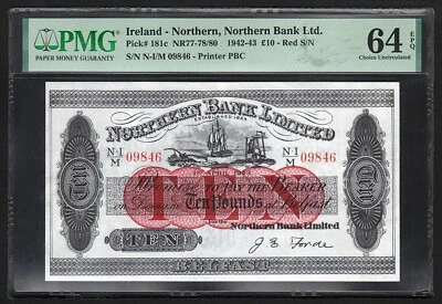 1942-43 Northern Ireland, Northern Bank Ltd, £10, Red S/N, Pick-181c, PMG 64 UNC - Image 1 of 4