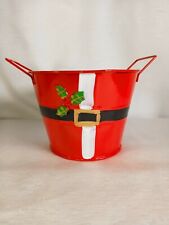 Hand Painted Metal Round Bucket SANTA Planter With Holly Holiday Decor 5”x3.75”