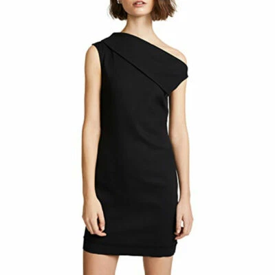 Helmut Lang Womens Wool Woven Asymmetrical Neckline Shift Dress Black Size 4 - Image 1 of 4