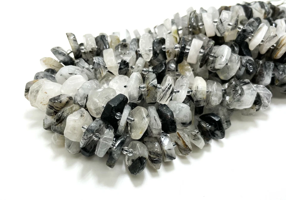 Natural Cloudy Black Tourmaline Quartz Faceted Flat Nugget Gemstone Beads RDF15 - Image 1 of 3