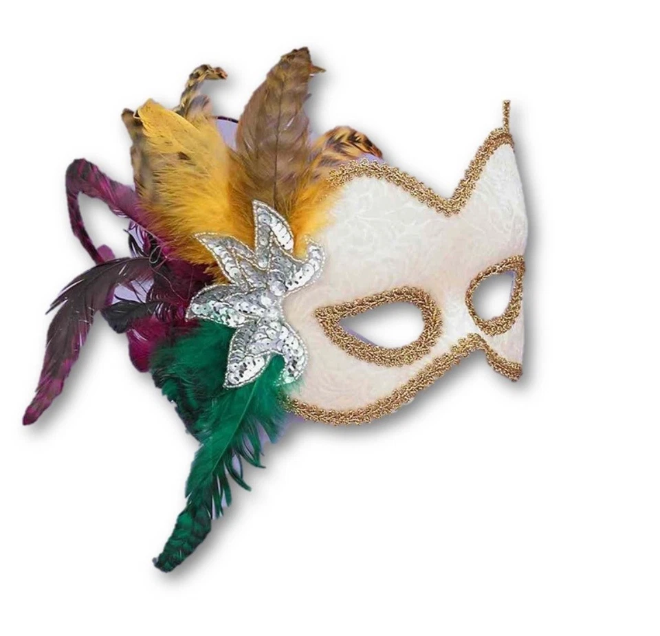 Mardi Gras Mask Ivory Velvet Eye Mask W/ Gd Trim Slv Sequin & Feathers Headband - Image 1 of 1