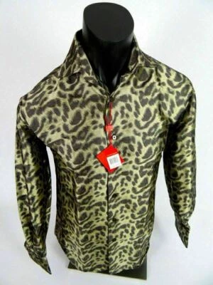 男式法国袖口礼服衬衫棕色金色动物印花图案 Sheen Leonardi — 第 1/4 张图片