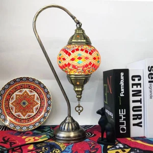 Victorian Stained Glass Shade Table Lamp Antique Metallic Gooseneck Bedside Lamp - Picture 1 of 9