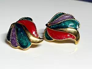 Vintage Earrings Stud Enamel Multicolour Gold Metal - Picture 1 of 6