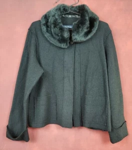 Evan Picone 3/4 Sleeve One Button Cardigan Sweater Detachable Fur Collar Black M - Picture 1 of 12