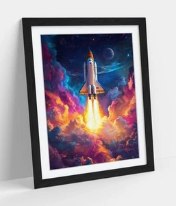 BEAUTIFUL PAINTING OF A ROCKET LAUNCH SPACE -FRAMED WALL ART PICTURE PAPER PRINT - Picture 1 of 10