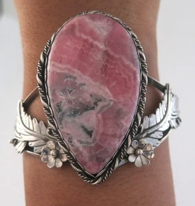 Brazalete XXL de plata de ley y rodocrosita suroeste ornamentado - Imagen 1 de 8