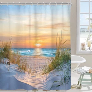 Riyidecor Beach Ocean Coastal Shower Curtain Seaside Seashore Sunset Sunrise ... - Picture 1 of 8