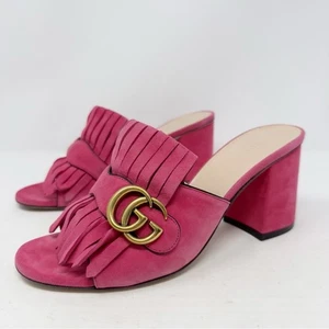 Gucci GG Marmont Pink Suede Fringe Mules Sandals - Picture 1 of 11