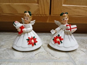 2 Josef Original 1950’s Ceramic Christmas Angels Holding A Stocking & Present - Picture 1 of 15