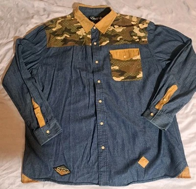 New Eight 732 Men's Raw Blue Camo 2XL Longsleeve Button Up Denim Shirt - Image 1 of 4
