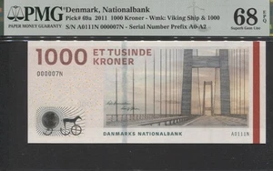 TT PK 69a 2011 DENMARK 1000 KRONER LUCKY SERIAL # 7 PMG 68 EPQ GEM UNCIRCULATED - Picture 1 of 2