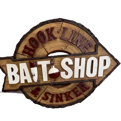 Bait Shop Fishing Sign Bobber Lure Cabin Lodge Decor Rustic Faux Wood Carved - Image 1 of 4