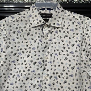 Paul Fredrick Slim Dress Shirt 15 White Blue Ginkgo Floral Flip Cuff Long Sleeve - Picture 1 of 10