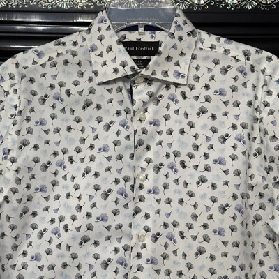 Paul Fredrick Slim Dress Shirt 15 White Blue Ginkgo Floral Flip Cuff Long Sleeve - Image 1 of 4