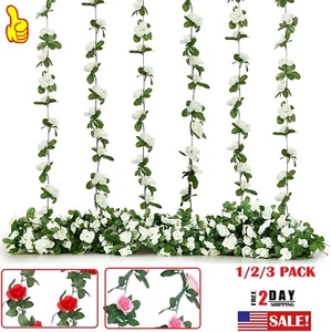 3× Fake Rose Vine Flowers Plants 7.5 Ft Artificial Hanging Ivy Home Party USA - Picture 1 of 16