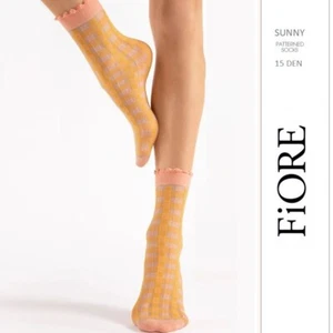 FIORE Sunny style women's socks ankle sheer 15 den peach rose checkered plaid - Picture 1 of 2