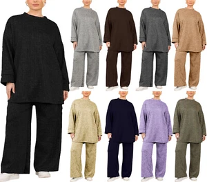 Damen Langarm Rundhals Gerippt 2 Teile Co Ord Set Damen Weites Bein Trainingsanzug - Bild 1 von 9