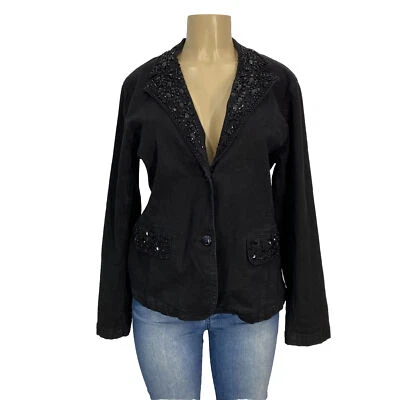 Abrigo Chaqueta Denim Diane Gilman Lavado Negro Con Cuentas Mujer Talla M Informal Top Algodón Foto 1 de 4