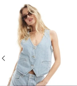 ASOS Denim Vest Striped Blue & White Cotton Button-Up Boho Grunge Size 8 - Picture 1 of 8