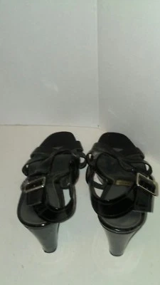 FIONI BLACK KATRINA Patient Lather Wedge Heels Sandal Sz 7.5  - Image 1 of 4