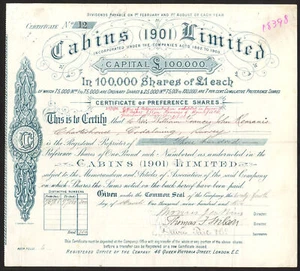 Cabins (1901) Ltd., £1 preference shares, 1902-03 - Picture 1 of 1