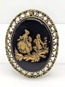 Vintage Porcelain Limoges Black/Gold Tone Brooch Pendant Courting Couple Lovely - Picture 1 of 4