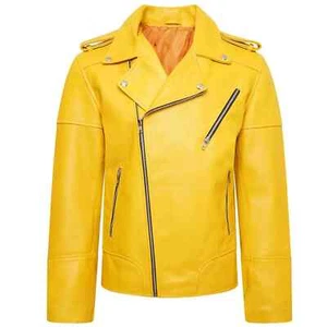 Biker New Yellow Men Jacket Handmade Leather Genuine Lambskin Stylish Motorcycle - Picture 1 of 6