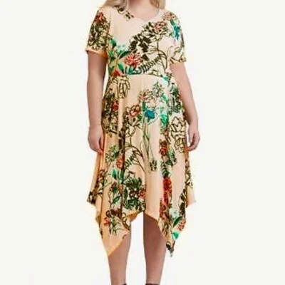 Vestido floral para mujer Eci asimétrico melocotón hombro frío mangas anchas cuello en V Foto 1 de 4